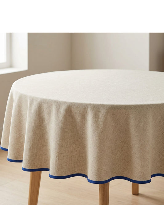 Housi Linen Cotton Round Tablecloth 180 cm Natural with Cobalt Edge - Lifestyle view